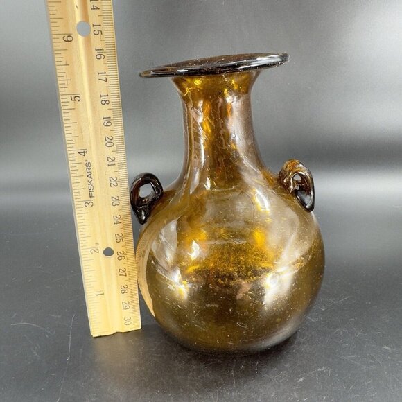Vintage Egyptian Dark Amber Glass Vase Vessel Hand Blown With Handles Glass Vase - Picture 6 of 16